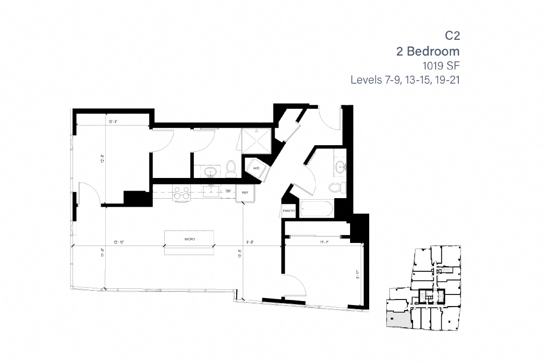 Floor plan for 2 beds, 2 baths, 1019 sqft